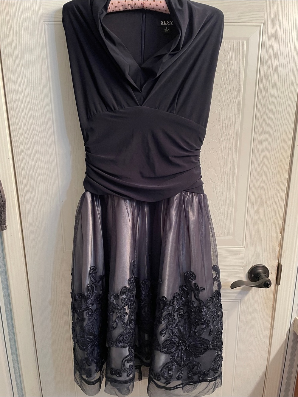 SLNY Black and Silver Sleeveless Fit-and-Flare Cocktail Dress